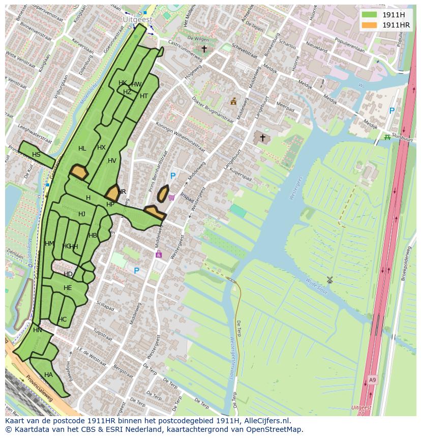 Afbeelding van het postcodegebied 1911 HR op de kaart.