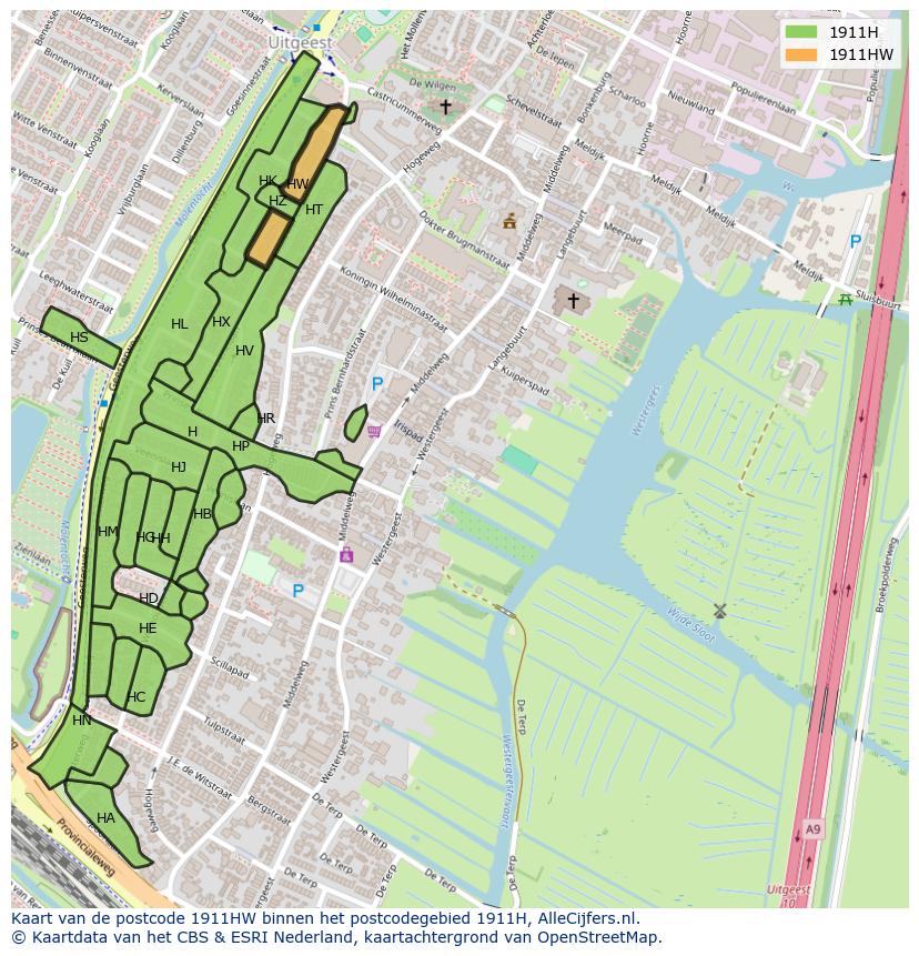 Afbeelding van het postcodegebied 1911 HW op de kaart.