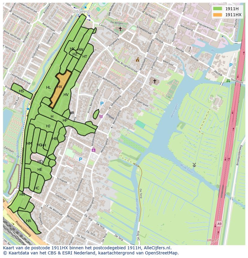 Afbeelding van het postcodegebied 1911 HX op de kaart.