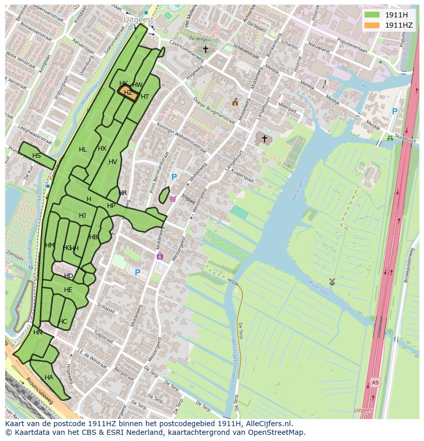 Afbeelding van het postcodegebied 1911 HZ op de kaart.