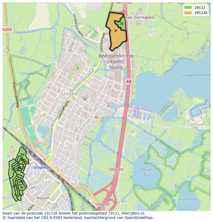 Afbeelding van het postcodegebied 1911 JA op de kaart.