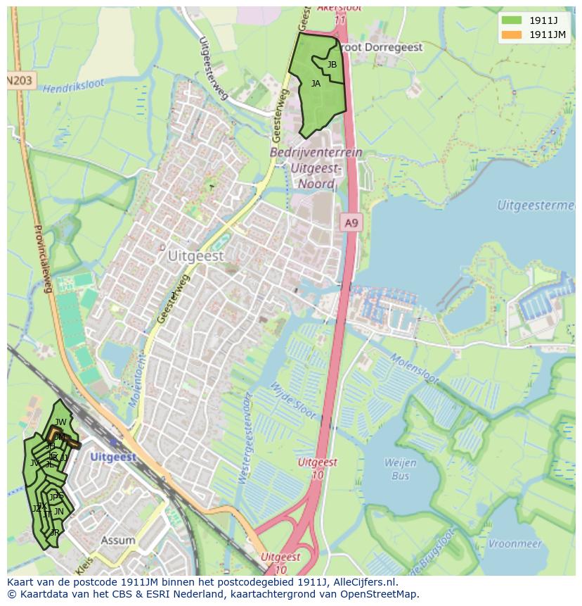 Afbeelding van het postcodegebied 1911 JM op de kaart.
