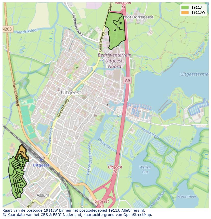 Afbeelding van het postcodegebied 1911 JW op de kaart.