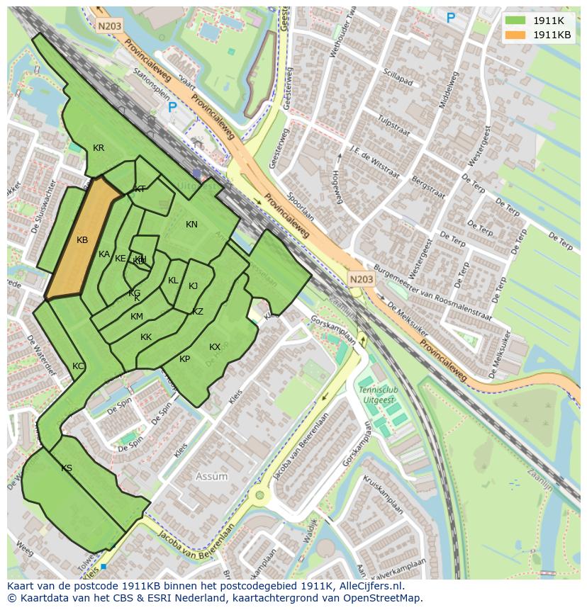 Afbeelding van het postcodegebied 1911 KB op de kaart.