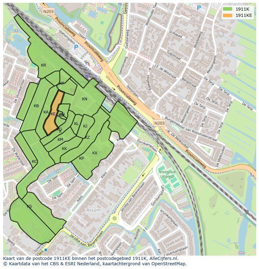 Afbeelding van het postcodegebied 1911 KE op de kaart.