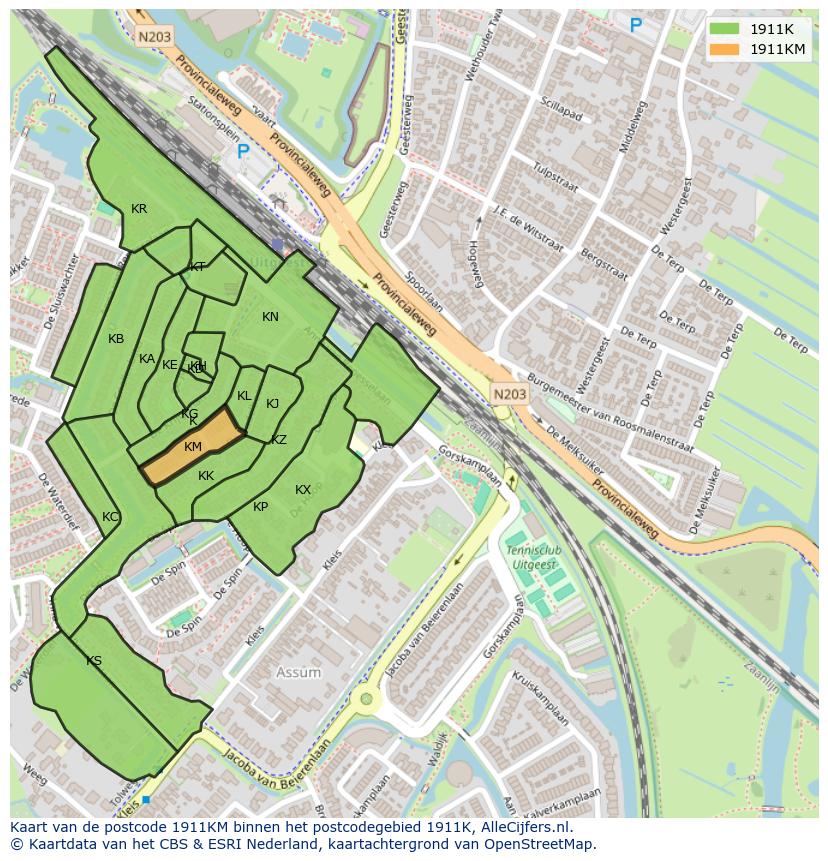 Afbeelding van het postcodegebied 1911 KM op de kaart.