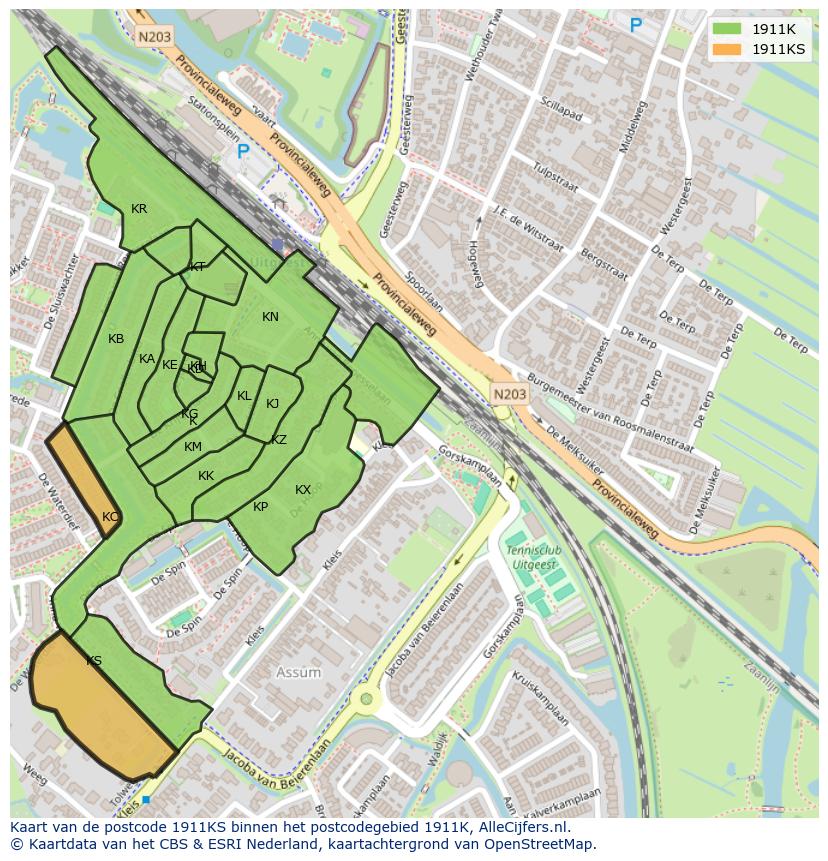 Afbeelding van het postcodegebied 1911 KS op de kaart.