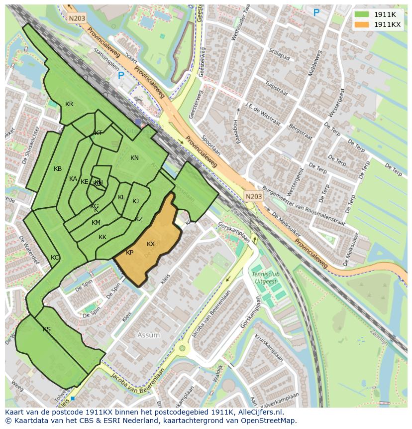 Afbeelding van het postcodegebied 1911 KX op de kaart.