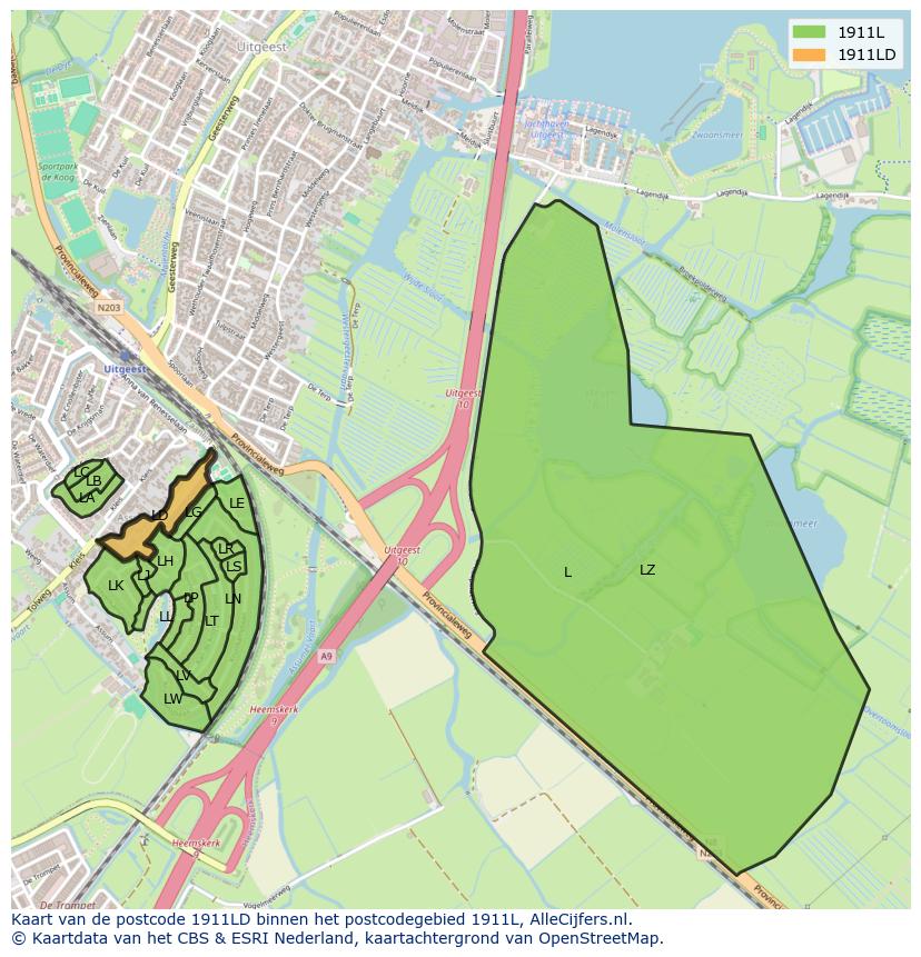 Afbeelding van het postcodegebied 1911 LD op de kaart.