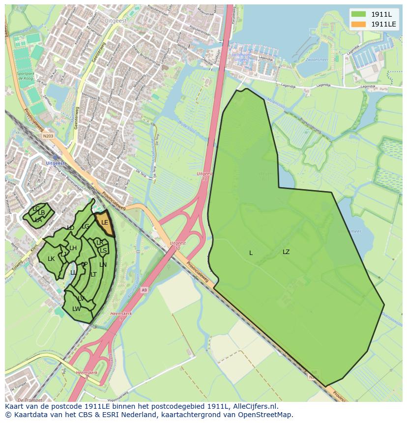 Afbeelding van het postcodegebied 1911 LE op de kaart.