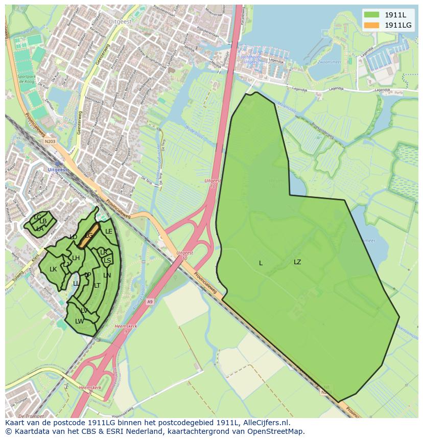 Afbeelding van het postcodegebied 1911 LG op de kaart.