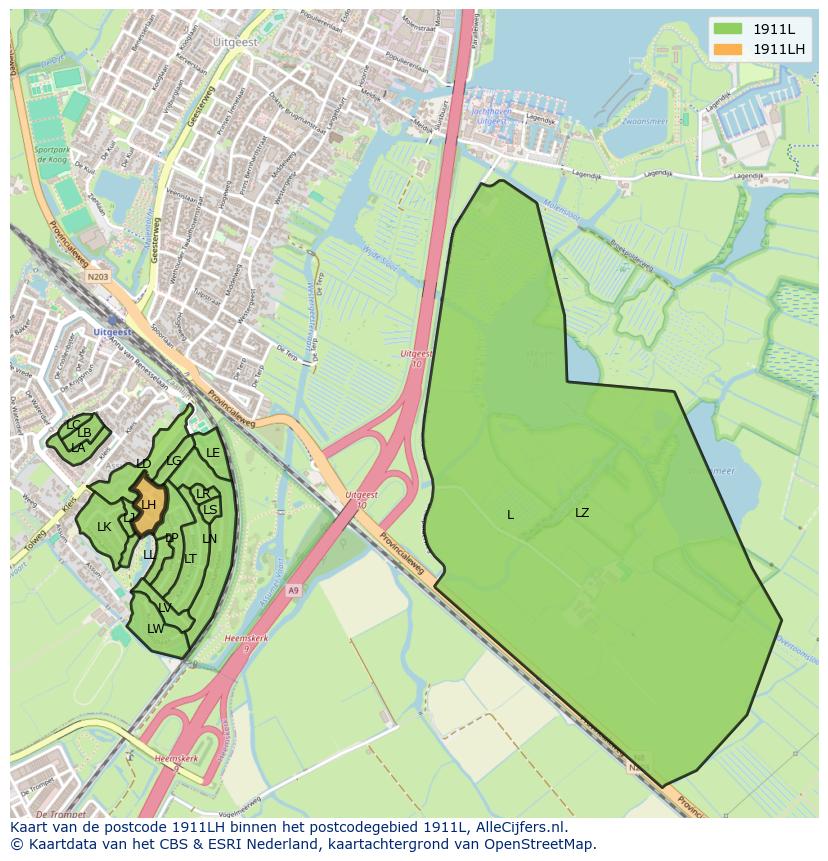 Afbeelding van het postcodegebied 1911 LH op de kaart.
