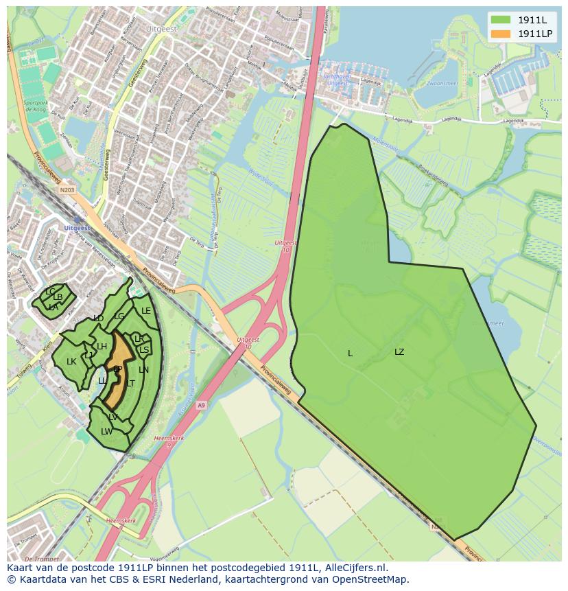 Afbeelding van het postcodegebied 1911 LP op de kaart.