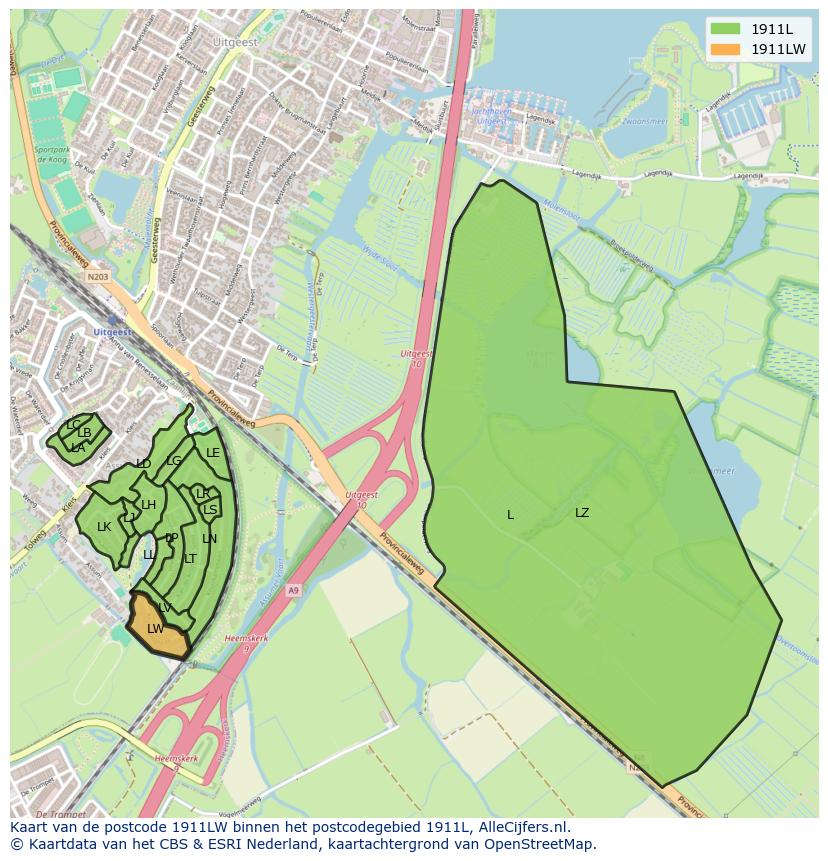 Afbeelding van het postcodegebied 1911 LW op de kaart.