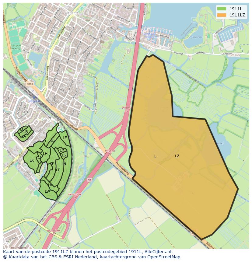 Afbeelding van het postcodegebied 1911 LZ op de kaart.