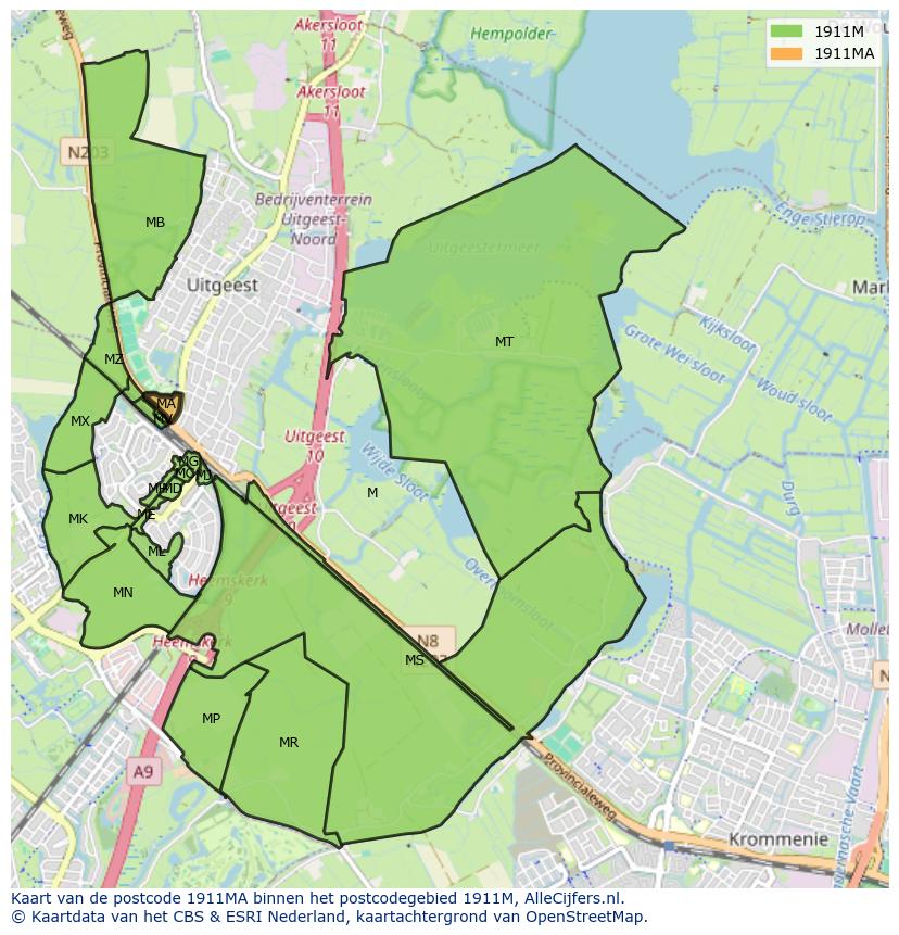 Afbeelding van het postcodegebied 1911 MA op de kaart.