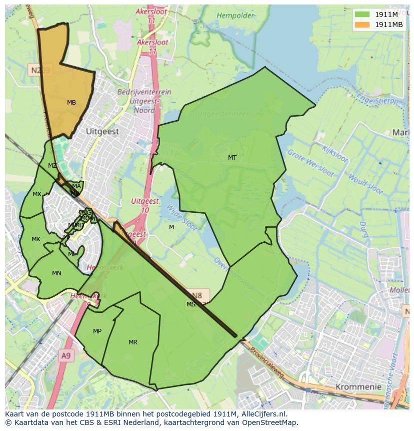 Afbeelding van het postcodegebied 1911 MB op de kaart.