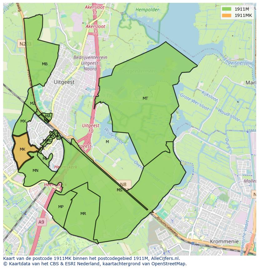 Afbeelding van het postcodegebied 1911 MK op de kaart.