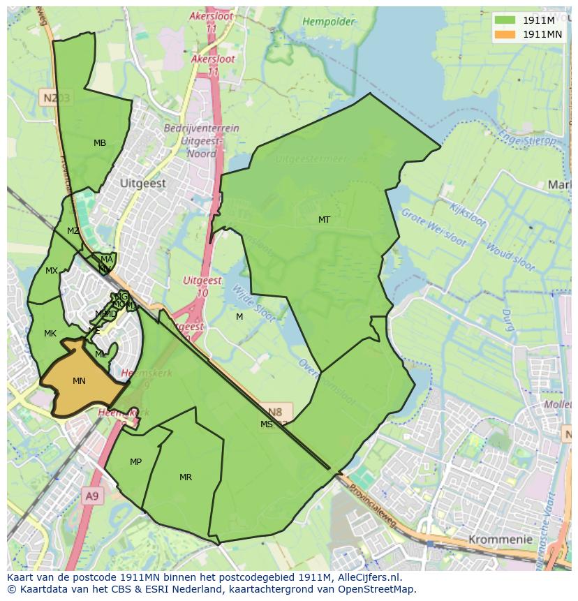 Afbeelding van het postcodegebied 1911 MN op de kaart.
