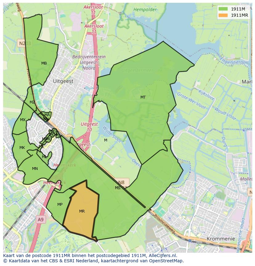 Afbeelding van het postcodegebied 1911 MR op de kaart.