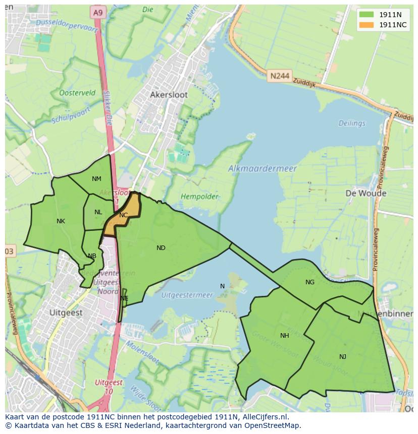Afbeelding van het postcodegebied 1911 NC op de kaart.