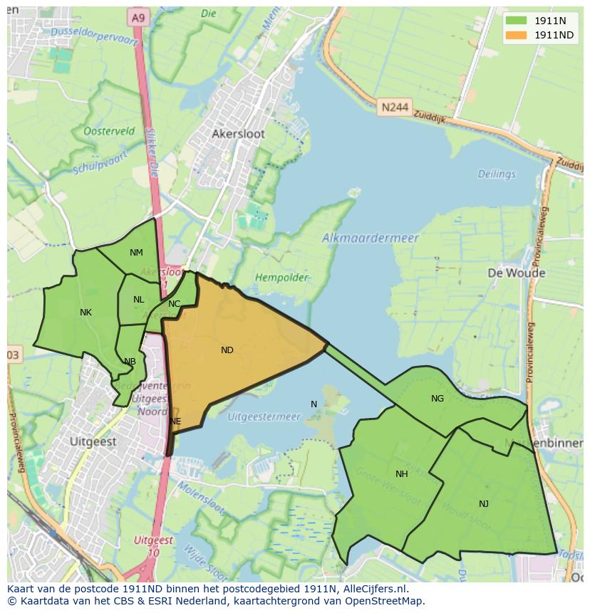 Afbeelding van het postcodegebied 1911 ND op de kaart.