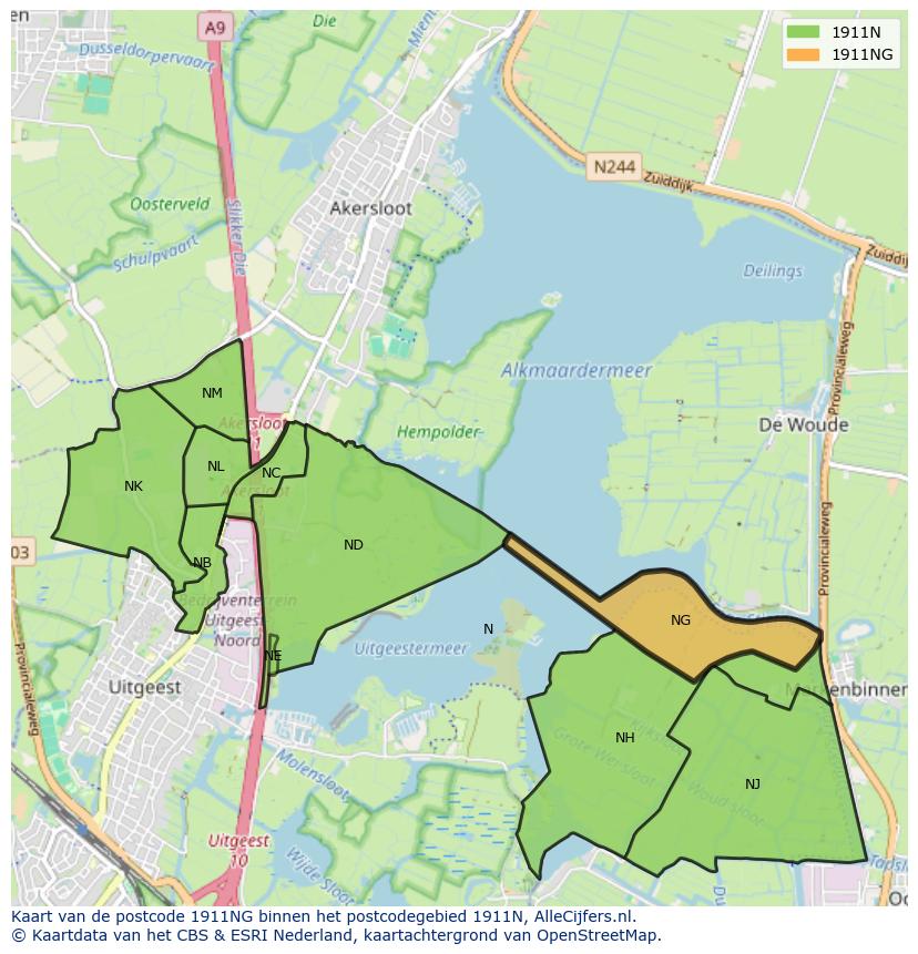 Afbeelding van het postcodegebied 1911 NG op de kaart.
