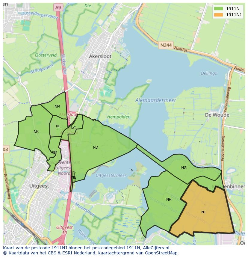 Afbeelding van het postcodegebied 1911 NJ op de kaart.