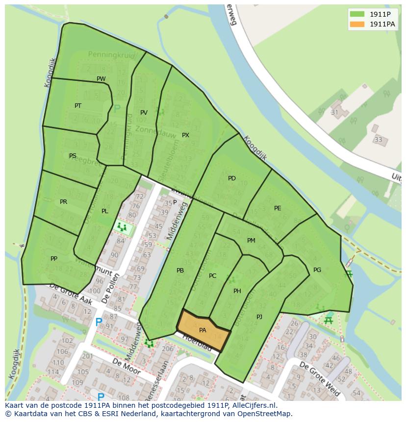 Afbeelding van het postcodegebied 1911 PA op de kaart.