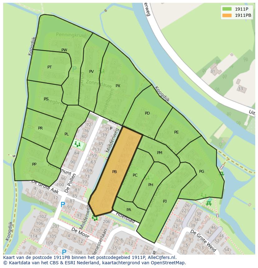 Afbeelding van het postcodegebied 1911 PB op de kaart.