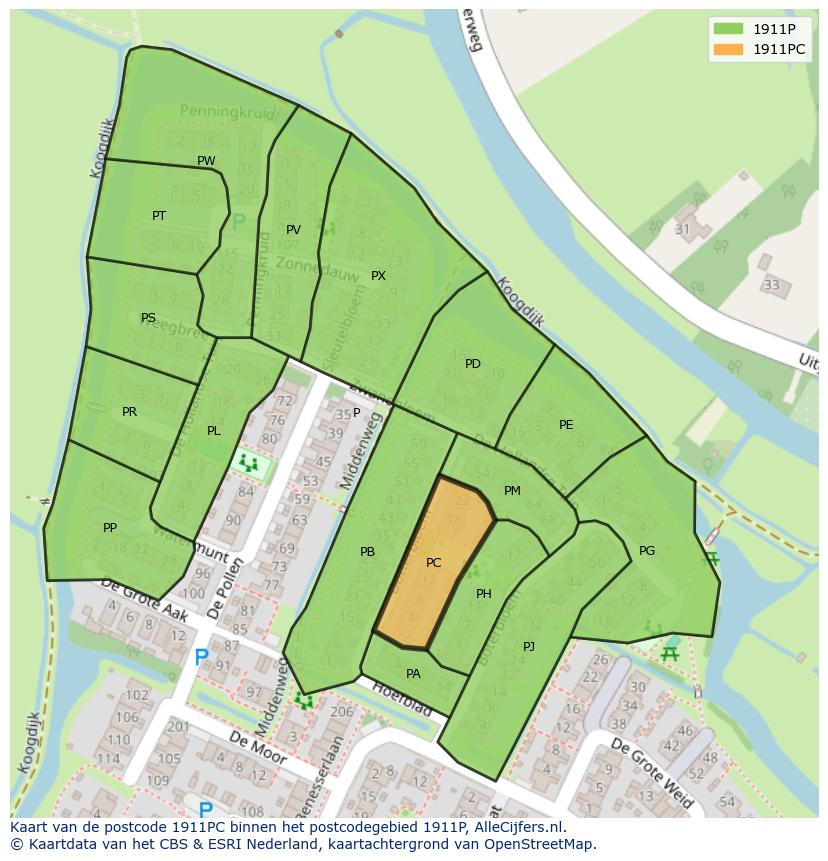 Afbeelding van het postcodegebied 1911 PC op de kaart.