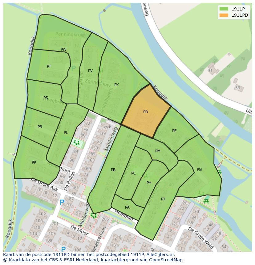 Afbeelding van het postcodegebied 1911 PD op de kaart.