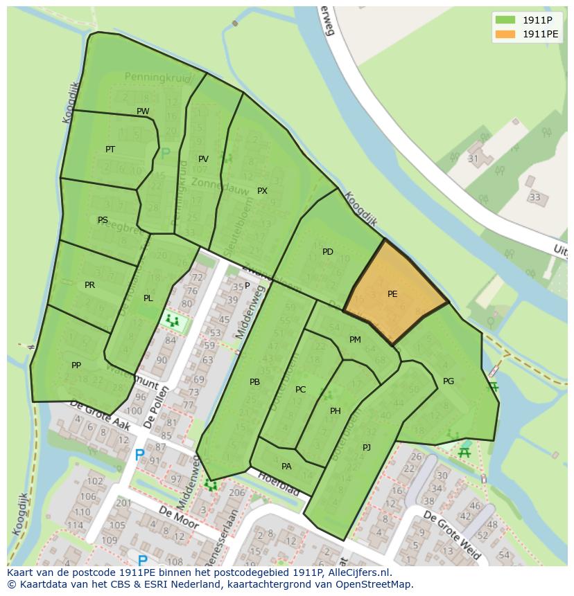 Afbeelding van het postcodegebied 1911 PE op de kaart.
