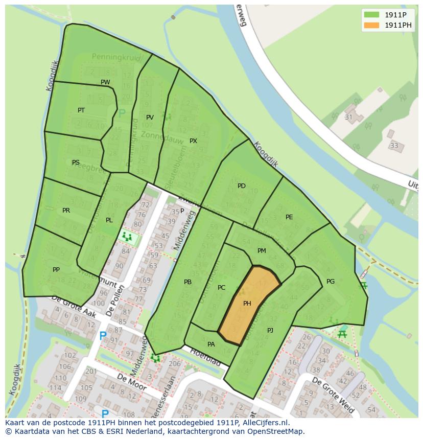 Afbeelding van het postcodegebied 1911 PH op de kaart.