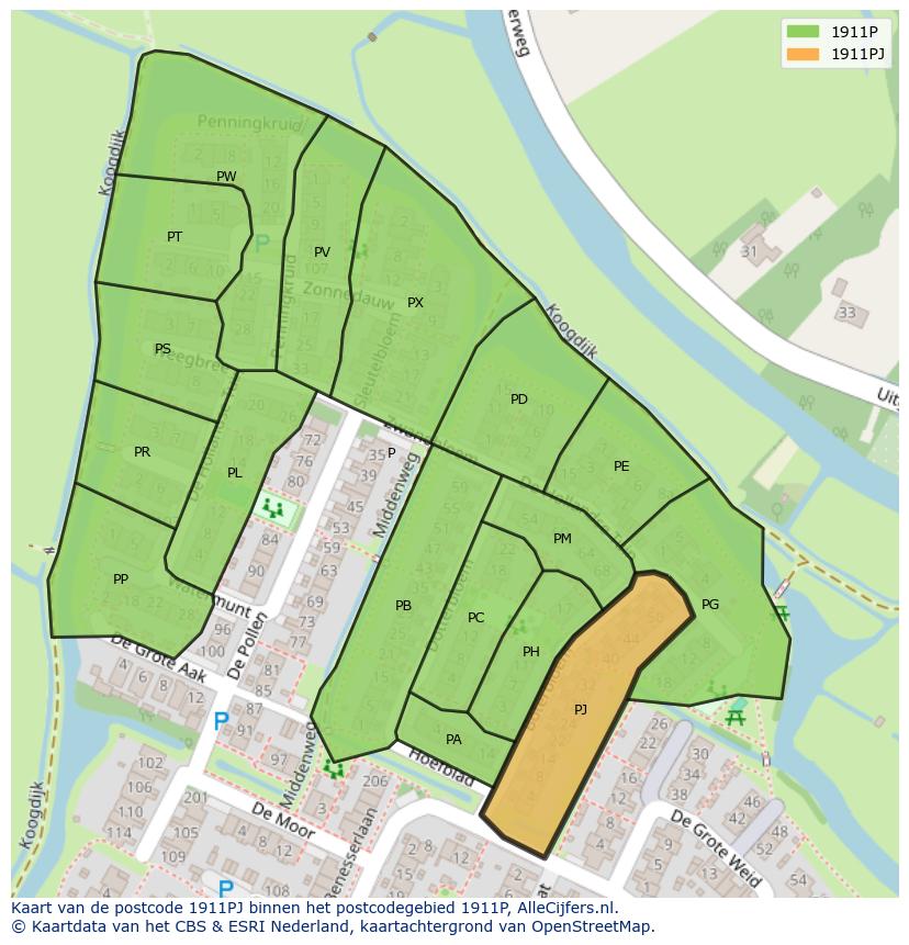 Afbeelding van het postcodegebied 1911 PJ op de kaart.