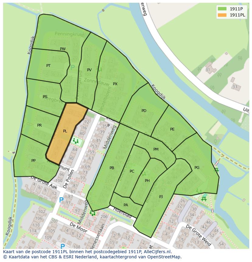 Afbeelding van het postcodegebied 1911 PL op de kaart.