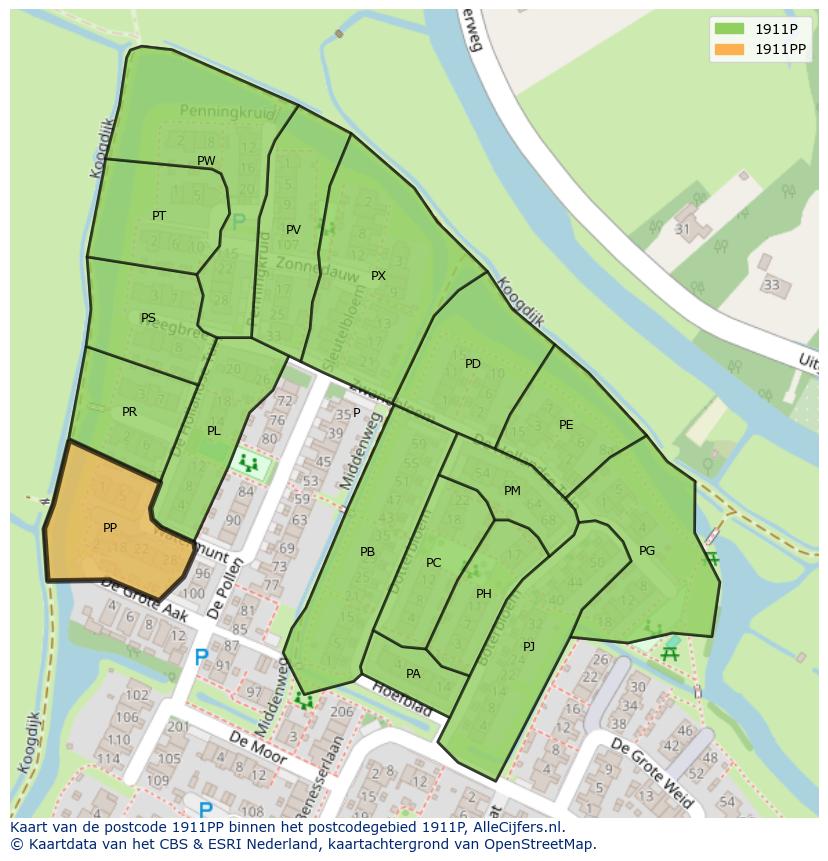 Afbeelding van het postcodegebied 1911 PP op de kaart.