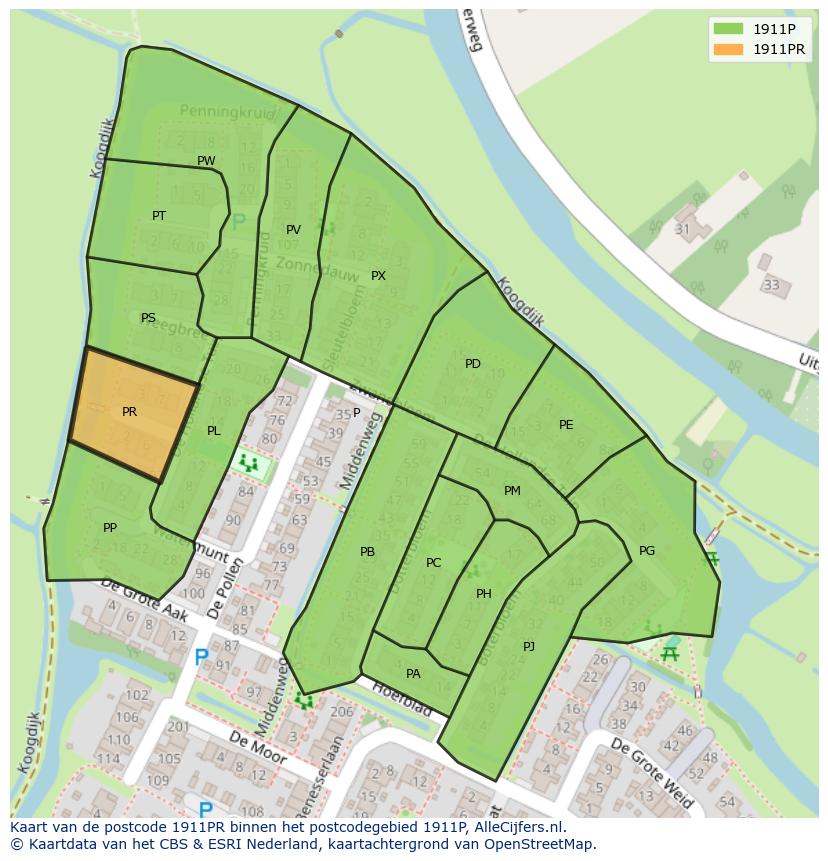 Afbeelding van het postcodegebied 1911 PR op de kaart.