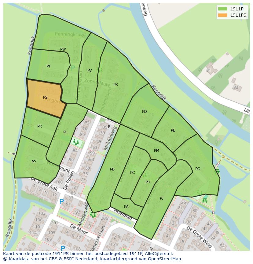Afbeelding van het postcodegebied 1911 PS op de kaart.