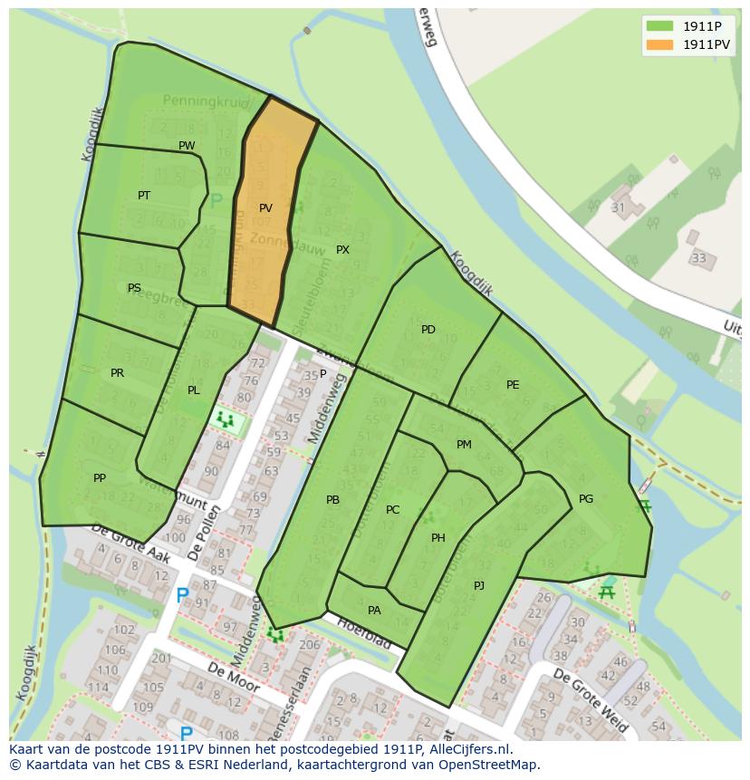 Afbeelding van het postcodegebied 1911 PV op de kaart.