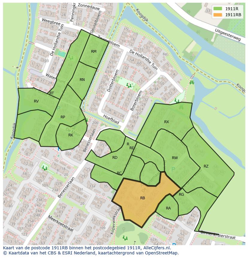 Afbeelding van het postcodegebied 1911 RB op de kaart.