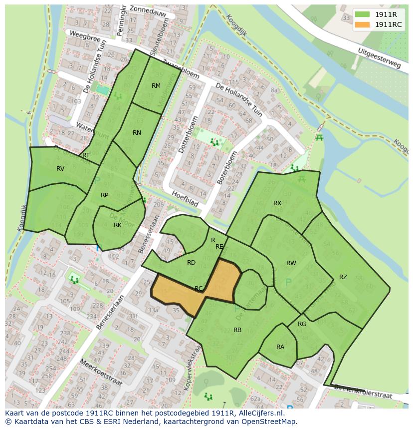 Afbeelding van het postcodegebied 1911 RC op de kaart.