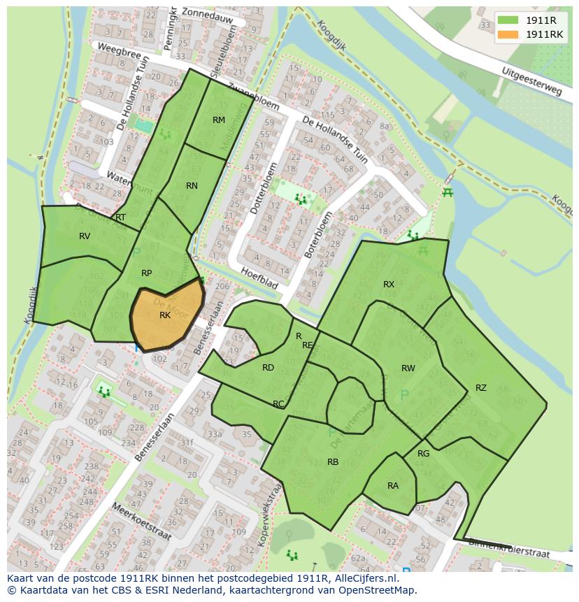 Afbeelding van het postcodegebied 1911 RK op de kaart.
