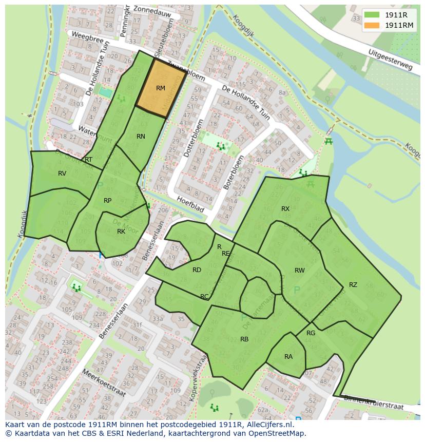 Afbeelding van het postcodegebied 1911 RM op de kaart.