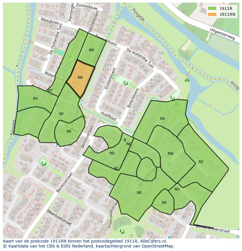 Afbeelding van het postcodegebied 1911 RN op de kaart.