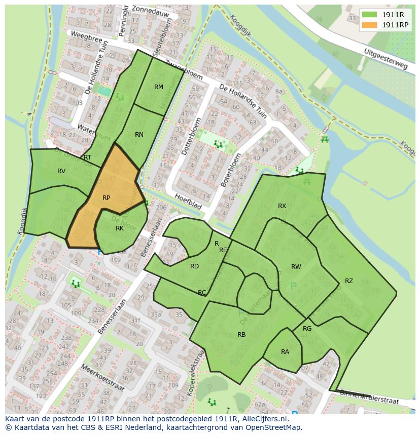 Afbeelding van het postcodegebied 1911 RP op de kaart.
