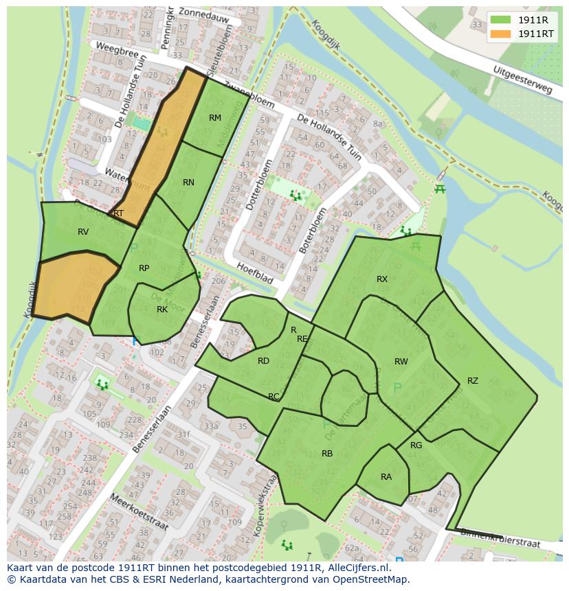 Afbeelding van het postcodegebied 1911 RT op de kaart.