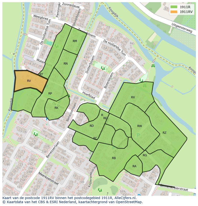 Afbeelding van het postcodegebied 1911 RV op de kaart.