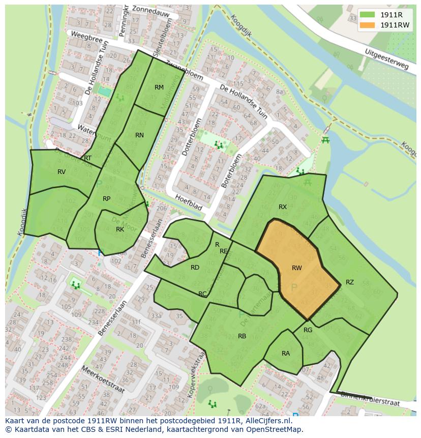 Afbeelding van het postcodegebied 1911 RW op de kaart.