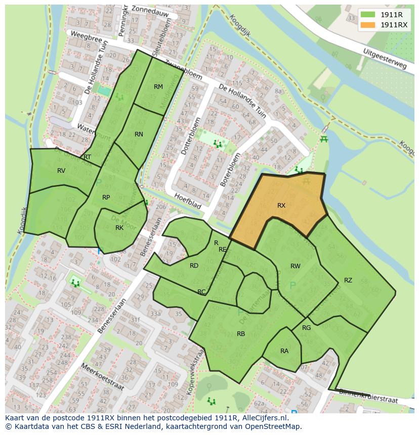 Afbeelding van het postcodegebied 1911 RX op de kaart.
